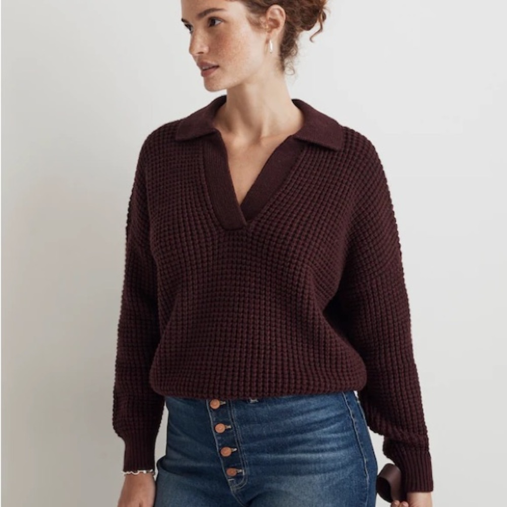 Madewell Waffle-Knit Henley collared Sweater burgundy maroon womens size XXS